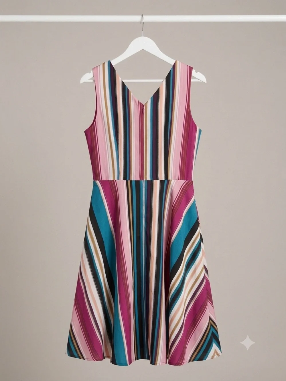 Roz & Ali Striped V-Neck Fit & Flare Dress in Magenta and Teal